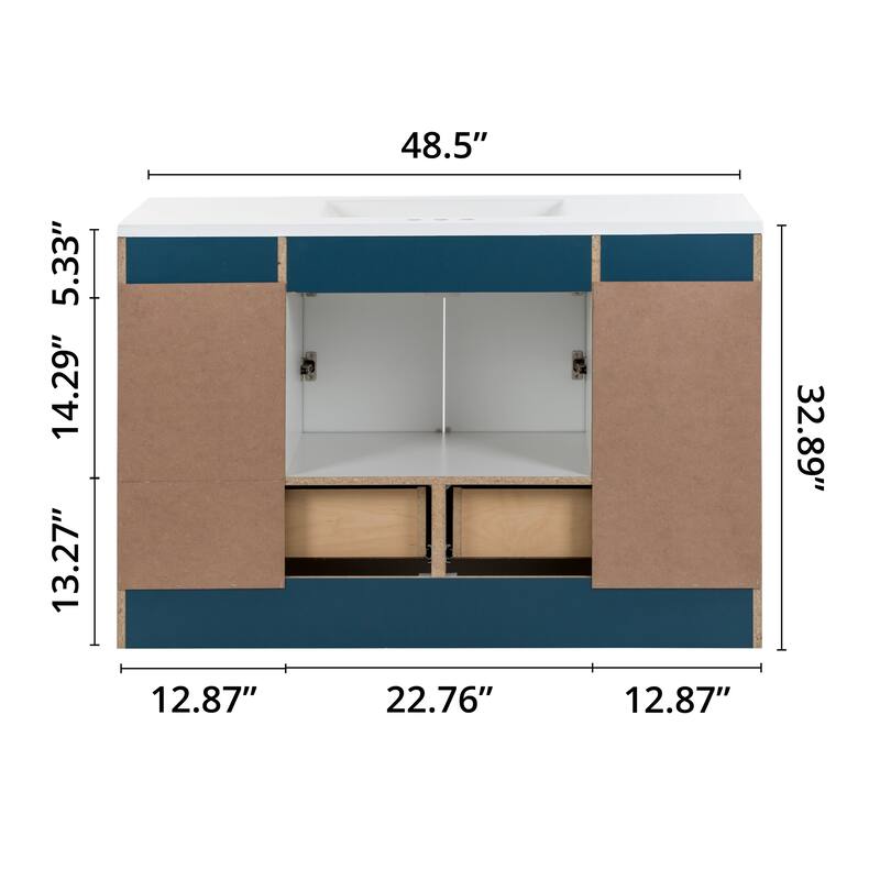 Spring Mill Cabinets Emlyn 48.5" Bathroom Vanity With Shelves, Drawers, and White Sink Top