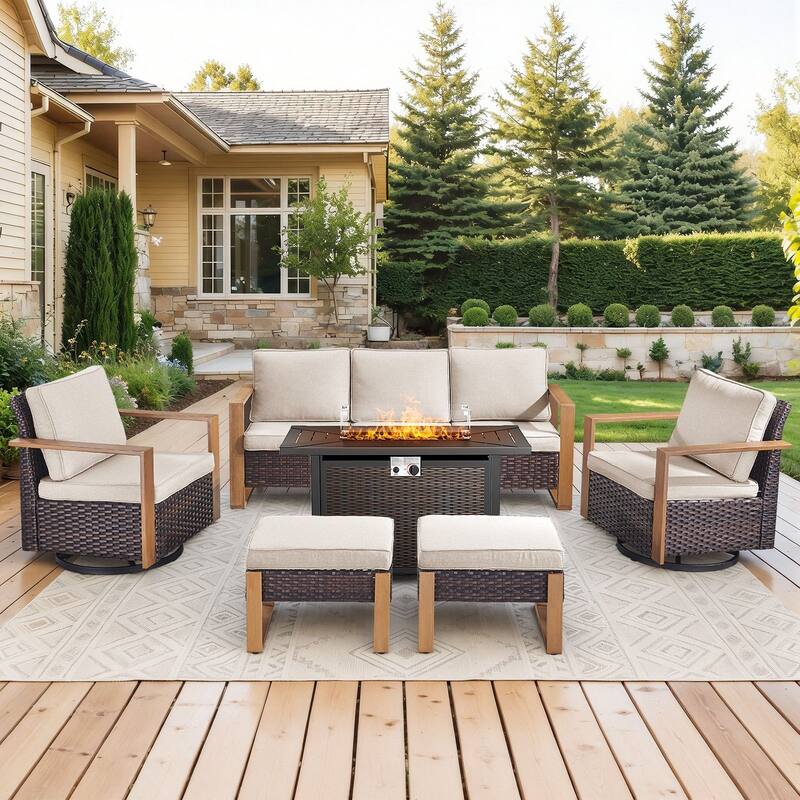 Meyreso Wicker Outdoor Patio Metal Fire Pit Set with Swivel Gliders & 4.5" Olefin Cushions
