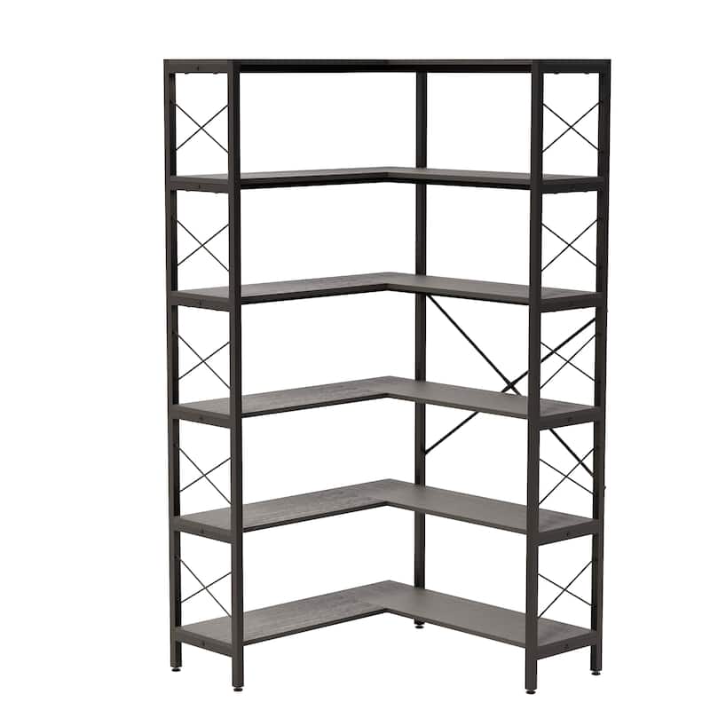 6-Shelf Corner Bookcase, Vintage Industrial Corner Shelf Stand Etagere Bookcase