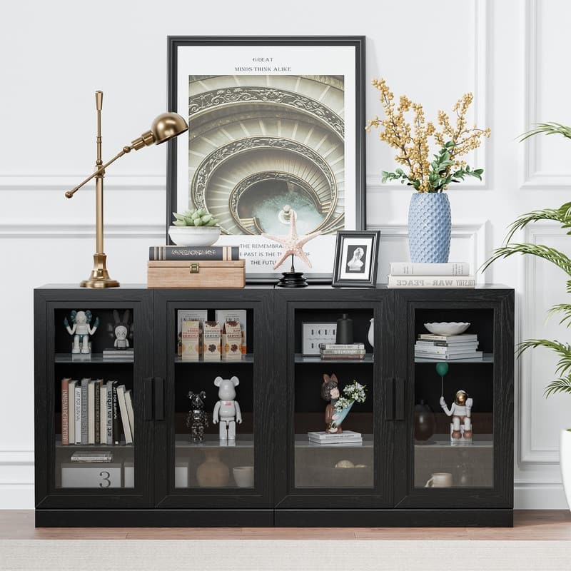 Large Sideboard Buffet Cabinet with 4 Glass Doors 2 Adjustable Shelves for Kitchen Living/Dinning Room Bedroom Entryway - Black - 62 in.W x 31 in.H