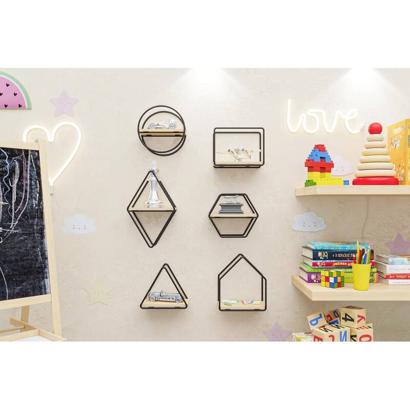 Set of 6 Geometric Wall Shelves - Floating Wooden Wall Decor