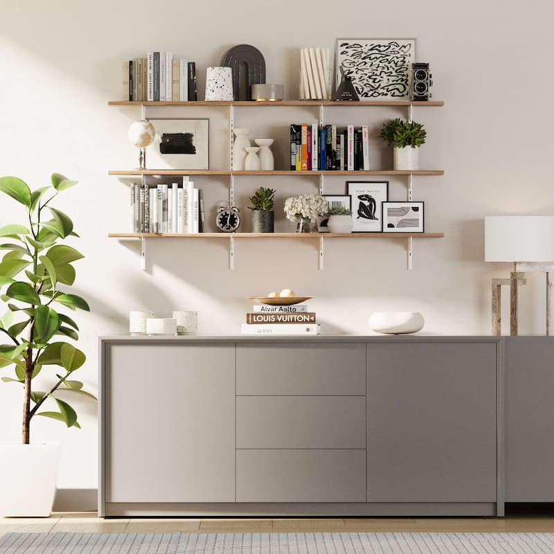 Wallniture Turin 60" Adjustable Shelf, Floating Bookshelf for Room Decor, Wall Shelf Unit for Living Room, Rustic, Tier Options - 3 Boards - 3 Tier