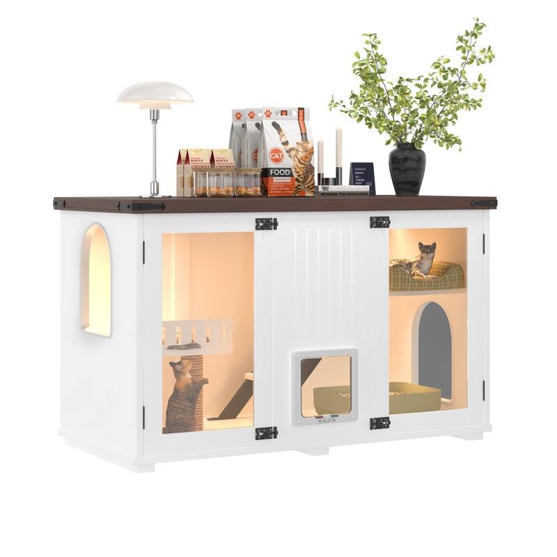 Large Cat Litter Box Enclosure with LED Light and Stairs for Stylish Cat Furniture and Scratch Area