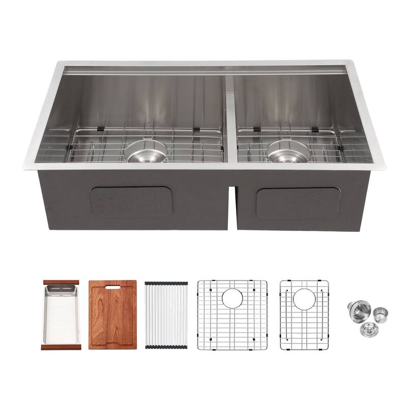 Undermount Kitchen Sink With Ledge Workstation and Double Bowl - 33"x19"x10" 60/40