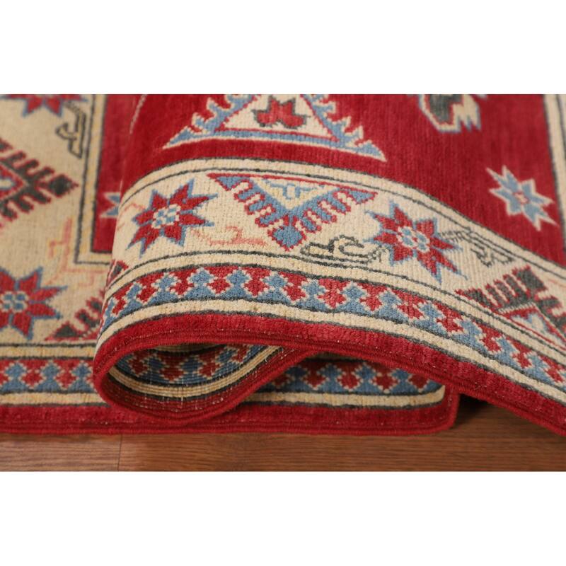 Geometric Red Kazak Accent Rug Hand-Knotted Wool Carpet - 3'4" x 4'9"