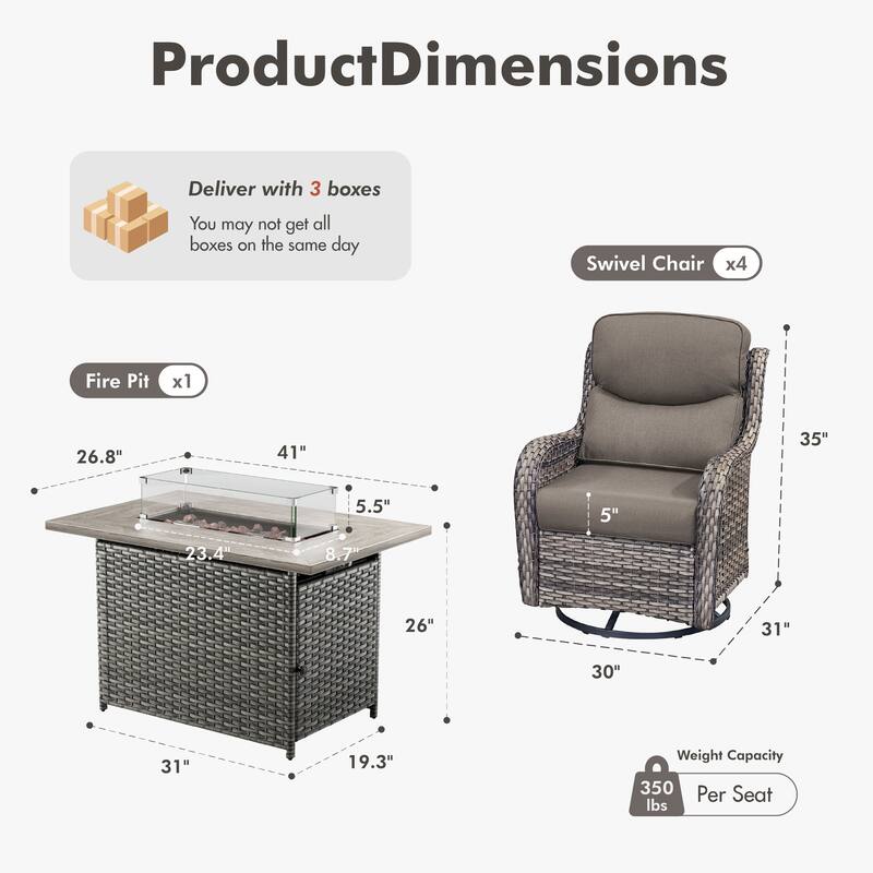 Meyreso 5-Piece Outdoor Patio Wicker Fire Pit 4 person Conversation Set with 5-Inch Thick Cushions