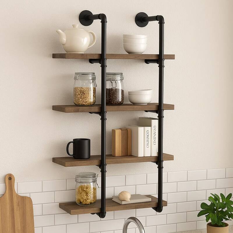 Wall Shelf with 4 Shelves and Piped Metal Frame, Brown and Black