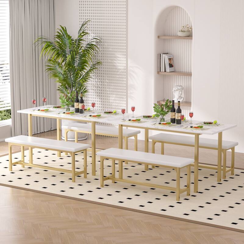 VECELO 3-Piece Dining Table Set with 2 Benches, 63" Extendable Kitchen Table & Chairs Set for 4-8, Dining Room Table
