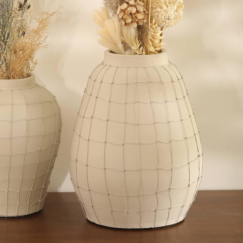 Handmade Off-White Terracotta Vase with Wireframe - Contemporary 11.5x11.5x15.5 Inch Design