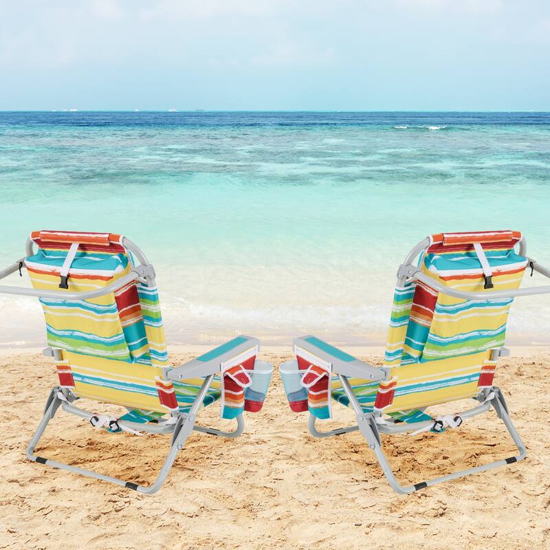 Oxford Fabric Folding Beach Chair with Adjustable Backrest, Headrest and Storage - 26" L x 25.5" W x 31" H