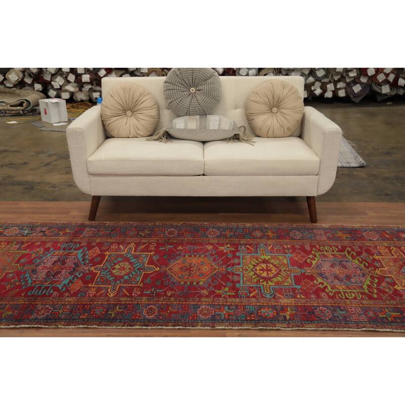Hand Knotted Oriental 100% Wool Carpet Traditional Geometric Red Heriz Runner Rug - 10' 0'' X 3' 6''