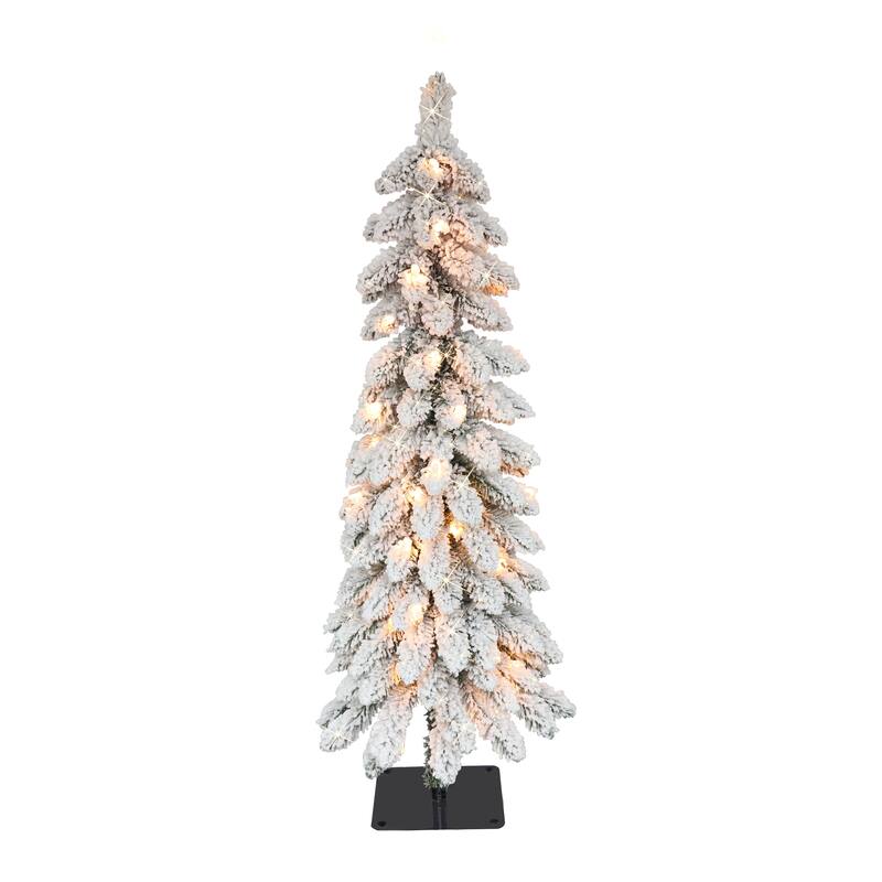 Puleo International 4' Pre-Lit Flocked Alpine Pencil Artificial Christmas Tree - 4