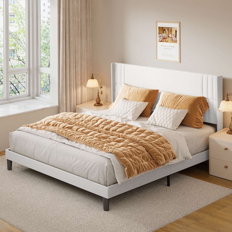 Queen/ Full Vertical Channels Upholstered Bed with Wingback Headboard - White - King
