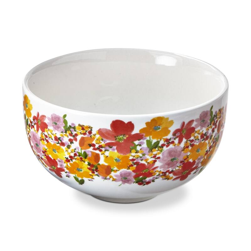 Springtime Floral Stoneware Snack Bowl White with Bright Floral Print, Dishwasher Safe, 20 oz.
