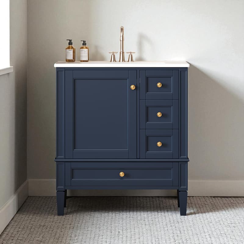 30 Inch Bathroom Vanity with Sink, Modern Freestanding Cabinet with 3 Drawers, Solid Wood Frame & Ceramic Top - Black