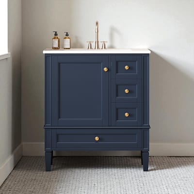 30 Inch Bathroom Vanity with Sink, Modern Freestanding Cabinet with 3 Drawers, Solid Wood Frame & Ceramic Top