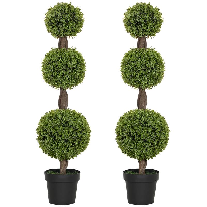 HOMCOM Set of 2 Decorative Artificial Plants, Topiary Ball-shaped Boxwood Trees in Pots, Fake Plants for Home Indoor outdoor