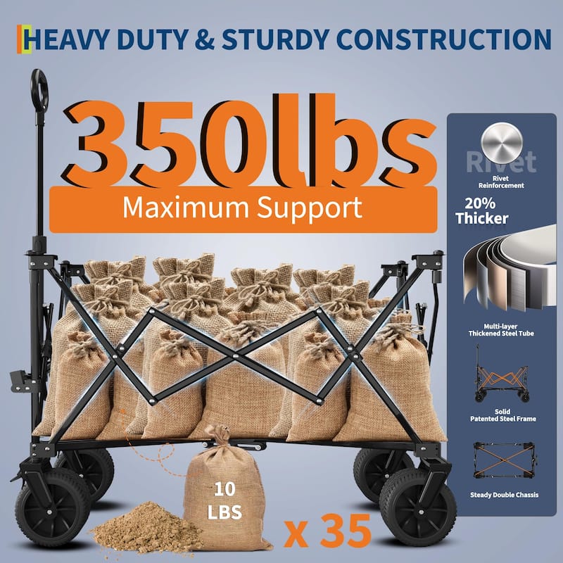 Folding All Terrain Utility Wagon Cart with Wheels and Cup Holders