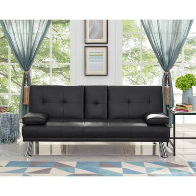 Futon Sofa Bed Futon Couch with Armrest & Cupholders Faux Leather Sofa Bed Couch Convertible Folding Reclining Small Couch