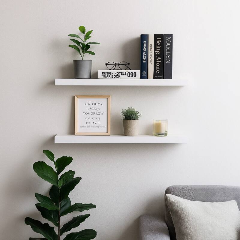 Floating Wall Shelf Set of 2, Spacious White Frame, 47 Inch
