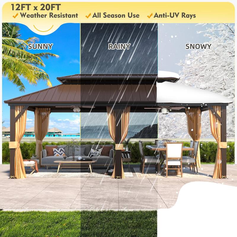 Erommy Hardtop Gazebo with Galvanized Steel Double Roof & Aluminum Frame, Outdoor Gazebo with Curtains and Nettings