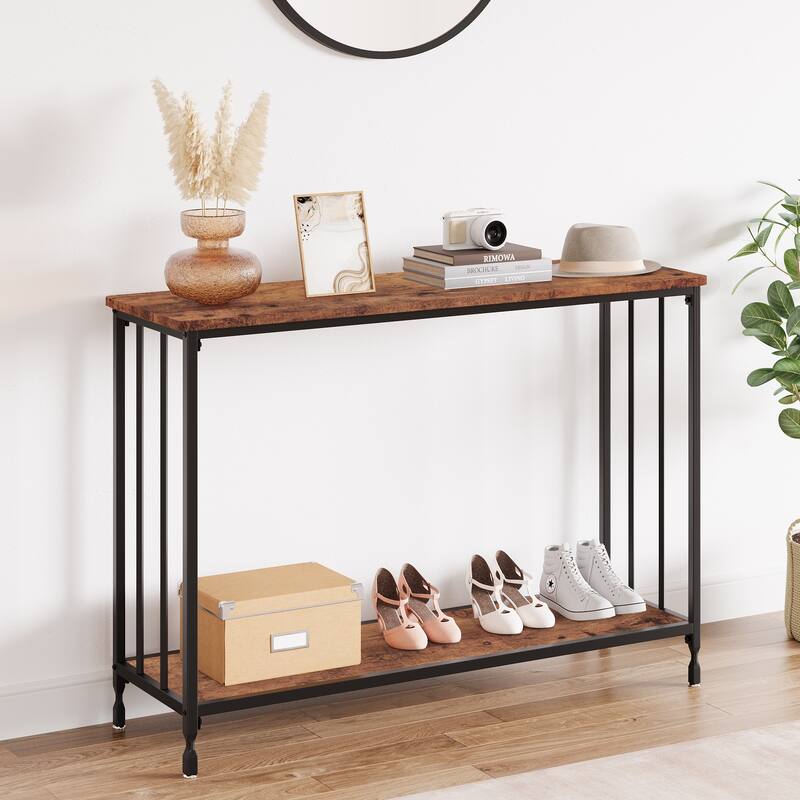 2 Tier Retro Console Table with MDF Shelf Storage - 41.3" - Brown