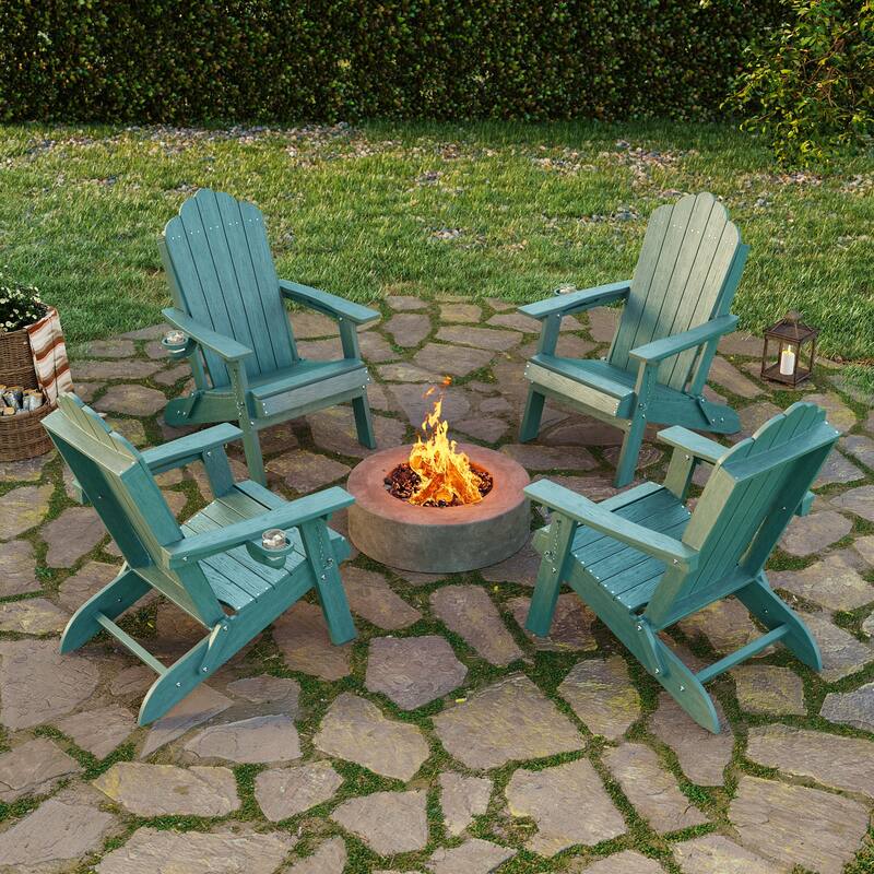Foldable HDPE Adirondack Chair All-Weather W/ Cup Holder - LakeBlue - 4-Piece