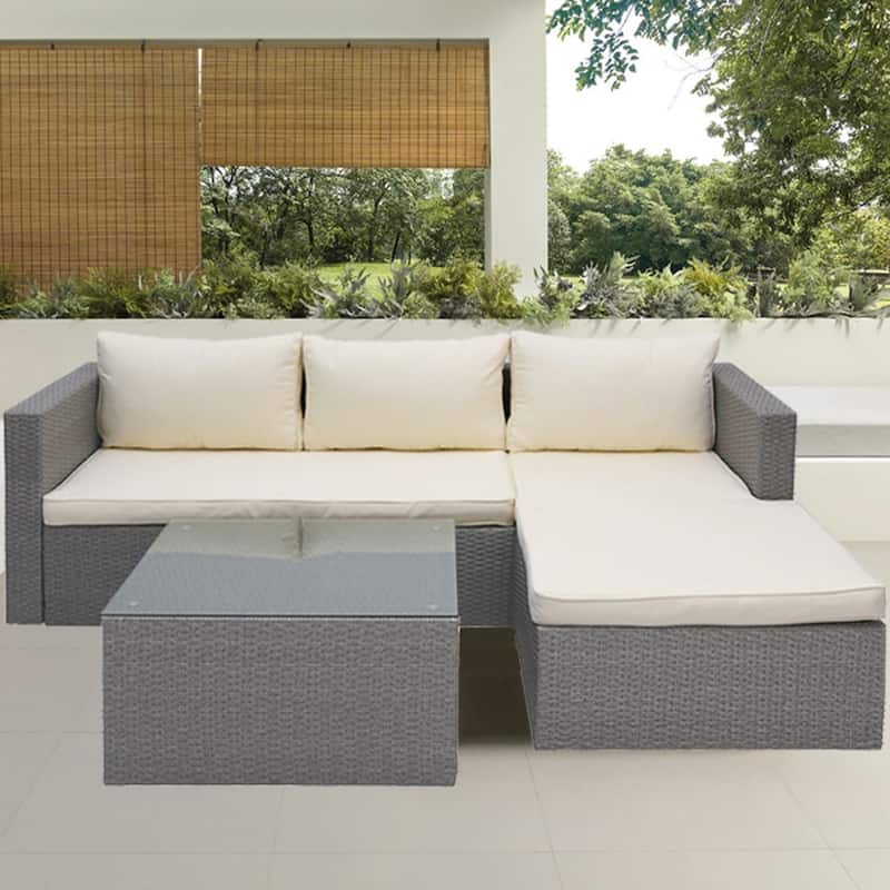 Maypex 3 Piece Wicker Sectional Conversation Set with Cushions Grey - Grey