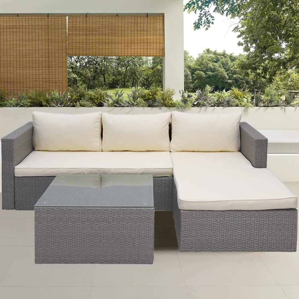Maypex 3 Piece Wicker Sectional Conversation Set with Cushions Grey