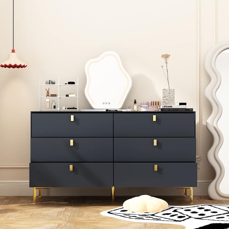 Dresser 6 Drawer Wood Dresser for Bedroom with Storage Modern Gold
