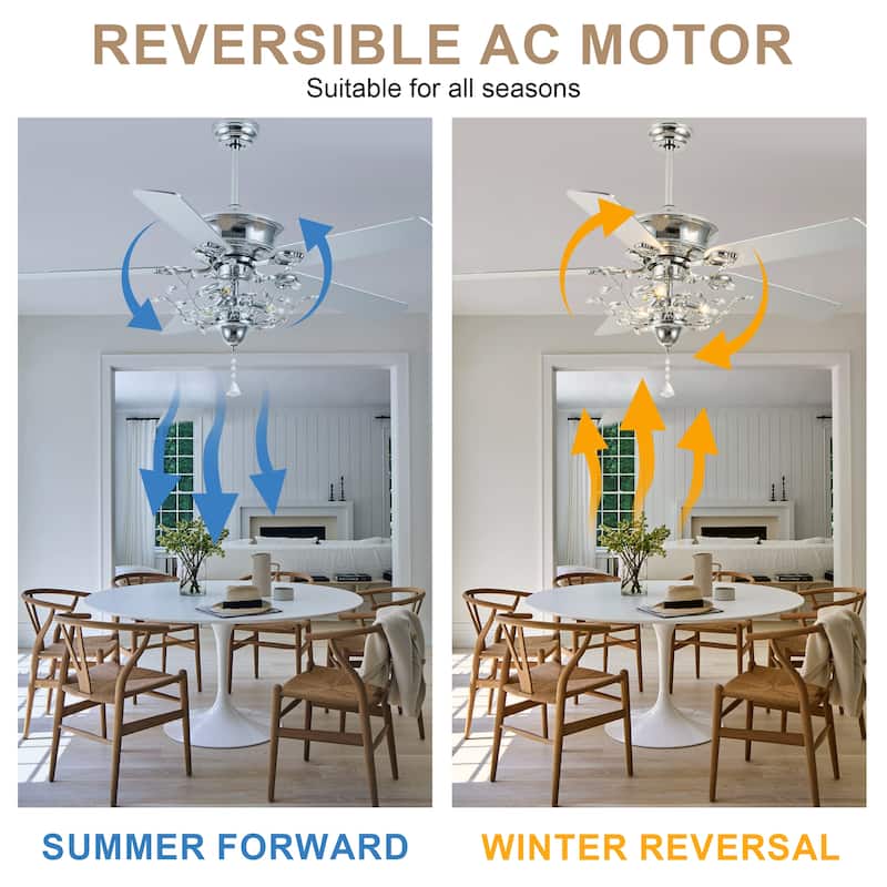 Bella Depot 52-inch Modern Crystal Ceiling Fan with Light Kit and Remote, 6-Speed Reversible Fandelier - 52"