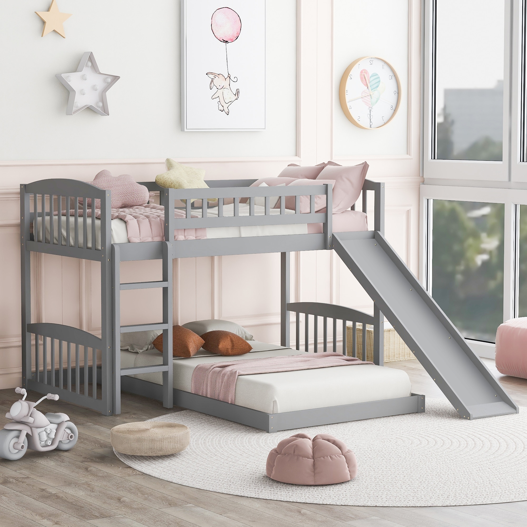Twin Over Twin Bunk Bed with Slide and Ladder Solid Pine Wood Frame