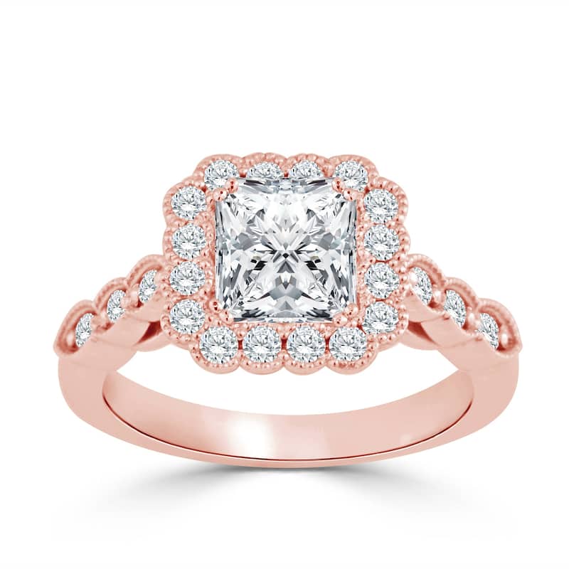 Auriya 14k Gold 1 1/2ctw Vintage Princess-cut Halo Diamond Engagement Ring (H-I, I1-I2) - Rose - 7.5