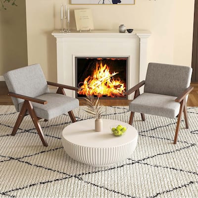 2 PCS Modern Accent Chair Linen Fabric Armchair w/ Wood Frame Cushions
