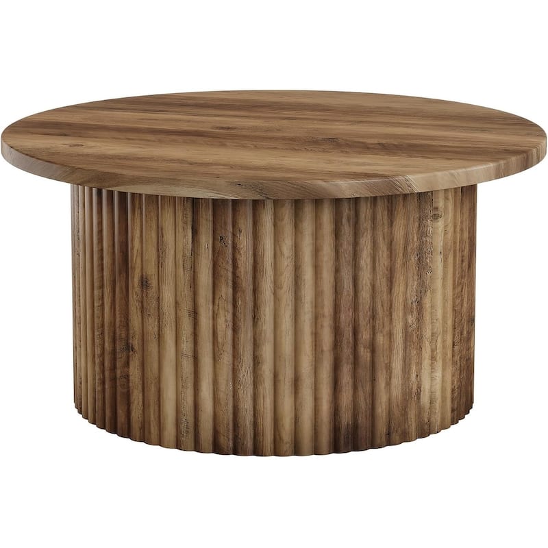 31.5" Farmhouse Round Coffee Table, Circle Center Table with Fluted Drum Base & Wooden Grain Veneer Top
