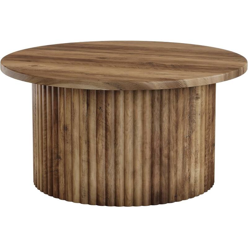 Farmhouse Round Coffee Table, 31.5" Circle Center Table with Fluted Drum Base & Wooden Grain Veneer Top