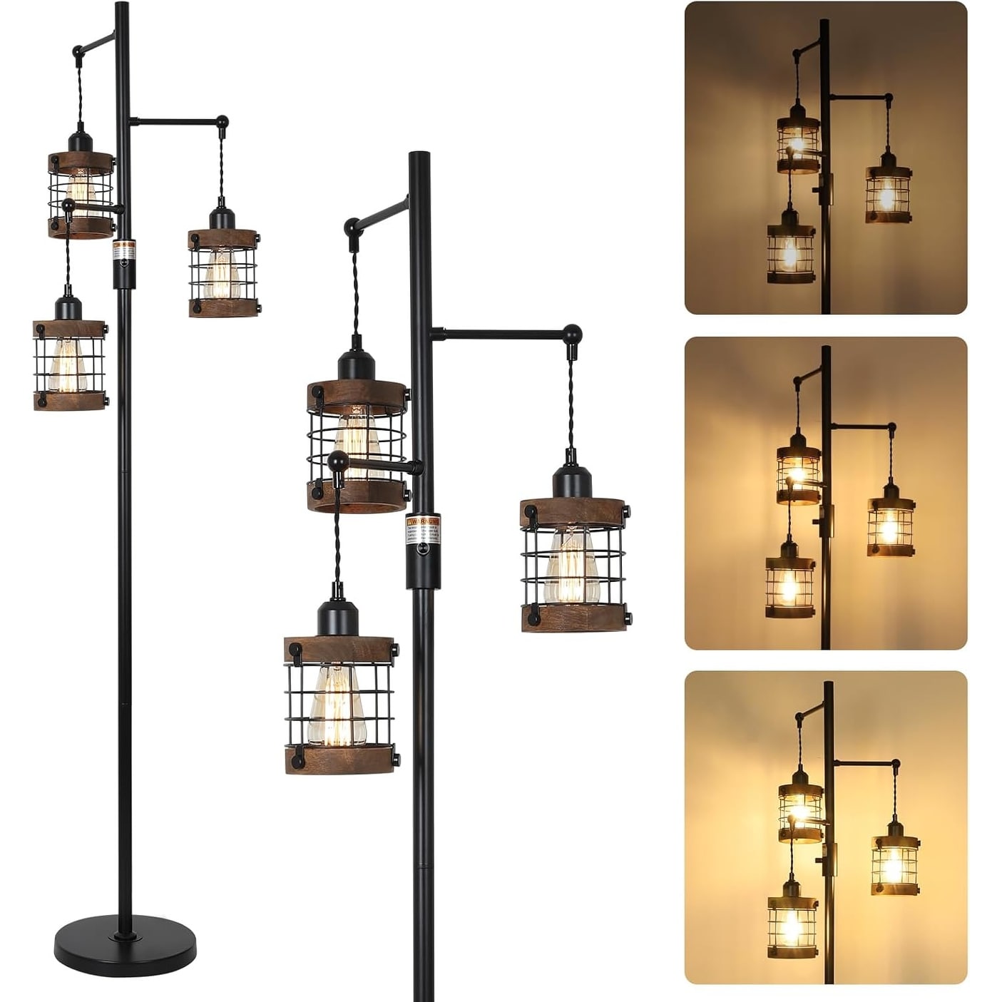 Airposta Dimmable Floor Lamps for Living Room, 3-Light Industrial Floor Lamp with Wood & Metal Cage
