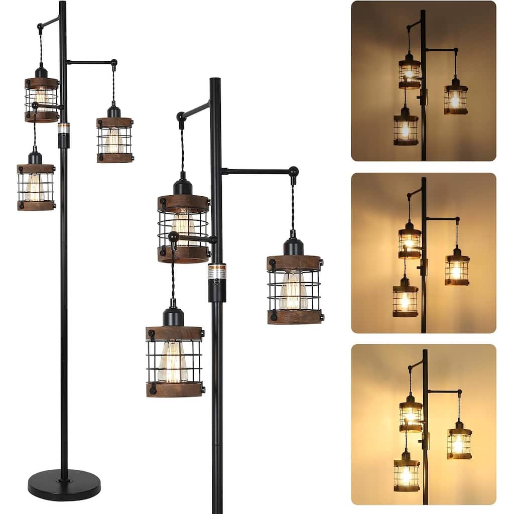 Airposta Dimmable Floor Lamps for Living Room, 3-Light Industrial Floor Lamp with Wood & Metal Cage