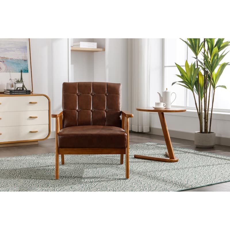 Linen/PU Upholstered Tufted Living Room/Bedroom Accent Chair With Wood Legs - Brown+PU