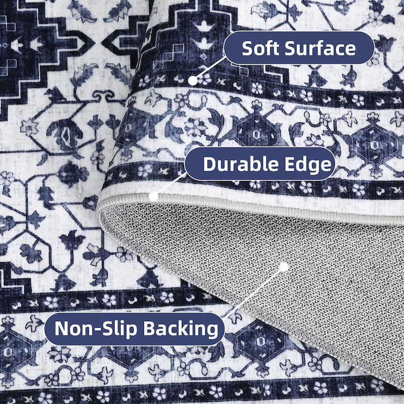 Washable Area Rug Vintage Boho Rug Low Pile Non-Slip Area Rugs Soft Foldable Indoor Carpet