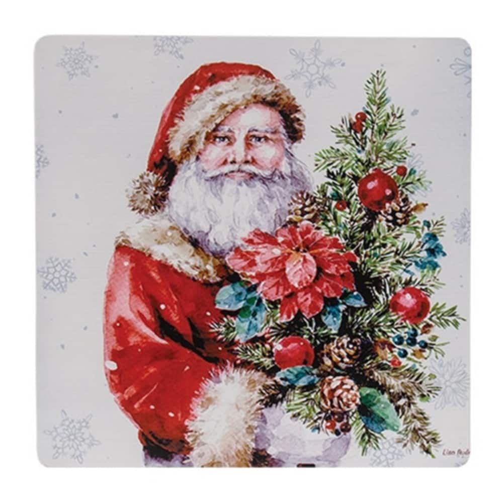 Santa with Christmas Tree Metal Sign Christmas Wall Hanging Red Santa Holiday Decor - 11.75” high by 11.75” wide