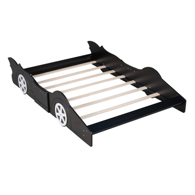Full Size Race Car Platform Bed with Wheels in Black