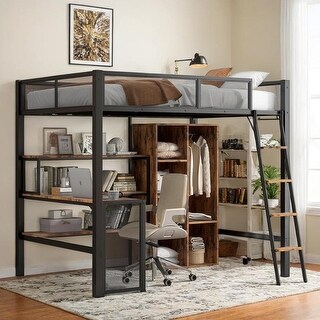 Full Size Metal Loft bed with Built-in Desk, Wardrobeand Shelves
