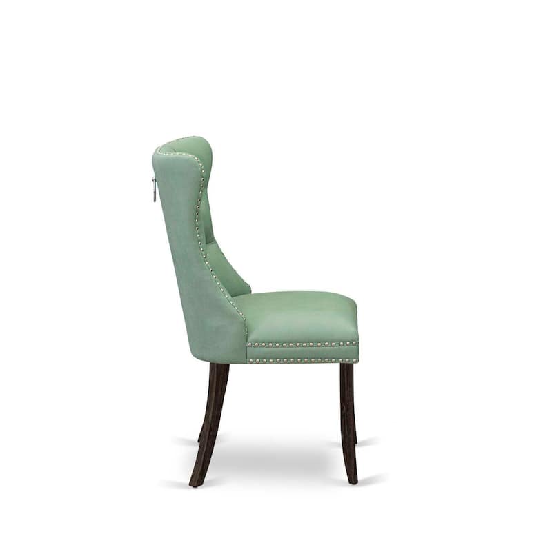 Parsons Dining Chairs Set of 2 - Tufted Faux Leather Accent Chairs - Green Nailhead Trim - Distressed Wood Legs