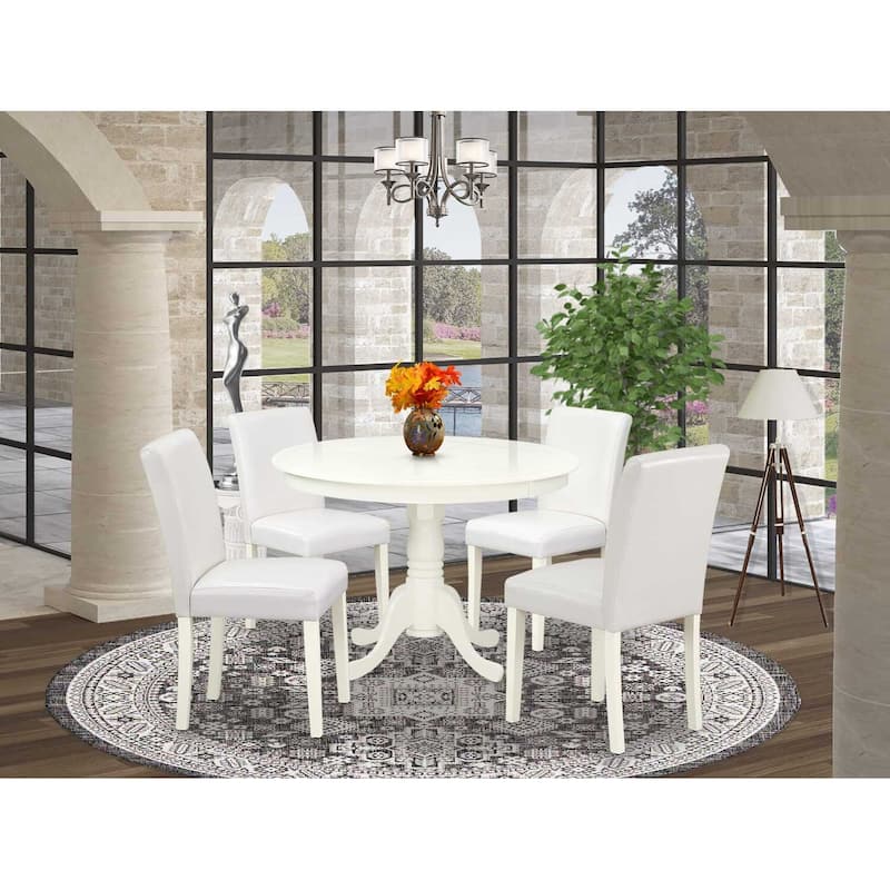 Modern 5 Piece Dining Set - Round Table & 4 Parsons Chairs - 42 Inch - Linen White