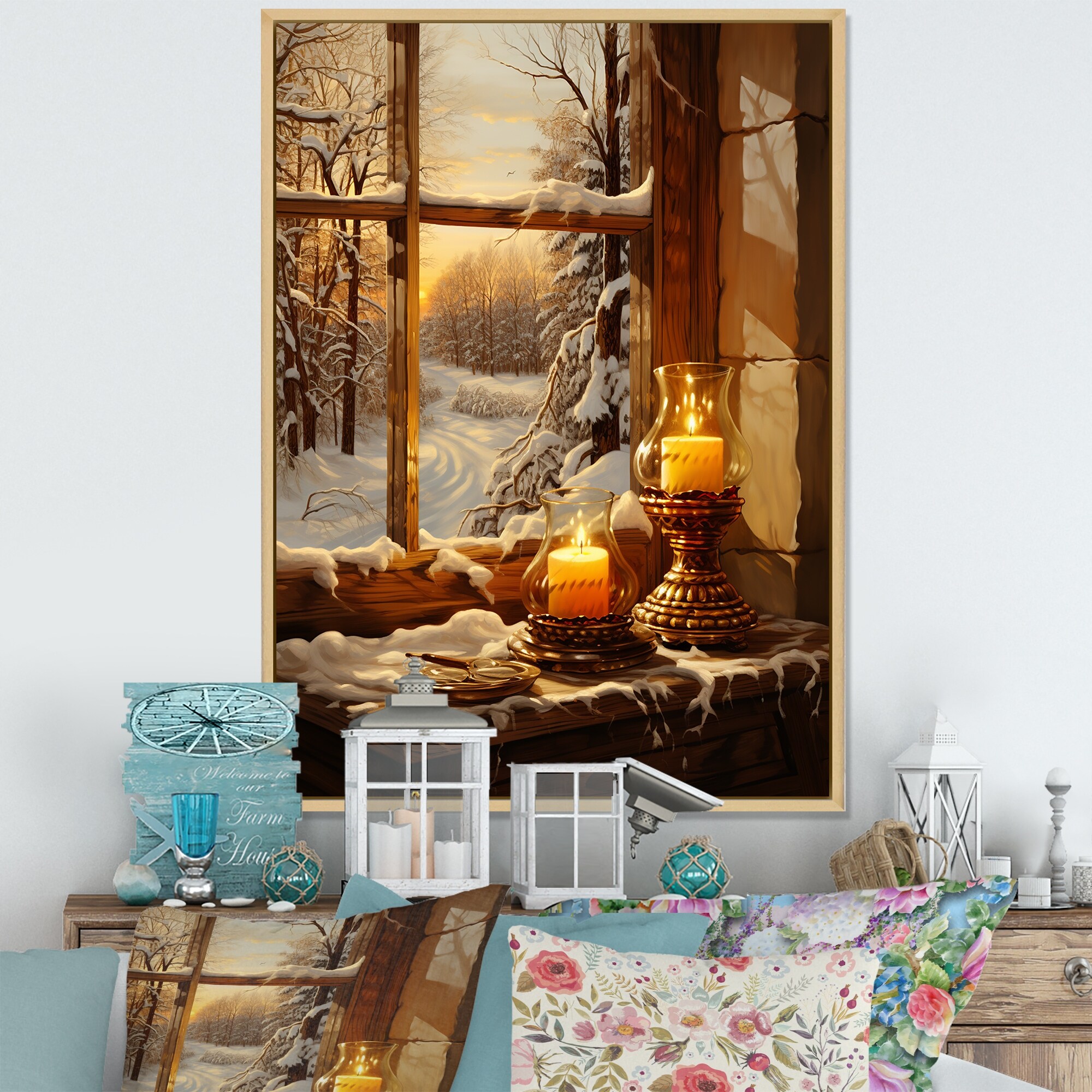 Designart "Christmas Winter Window View II" Winter Landscape Yellow Wall Decor Traditional Hallway Framed Wall Art Decor
