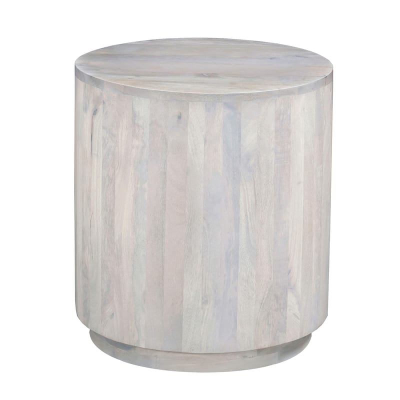Febe Side End Accent Table, 20 Inch Round Top, Cylindrical Plinth Base, Oak White Mango Wood