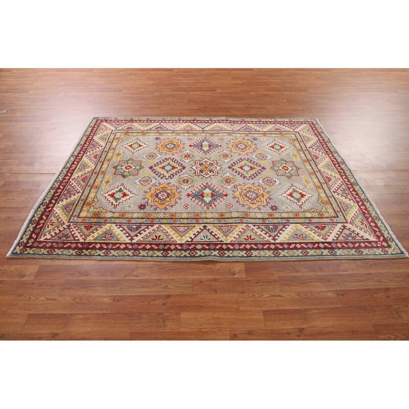 Grey Geometric Kazak Oriental Area Rug Hand-Knotted Wool Carpet - 5'1" x 6'7"