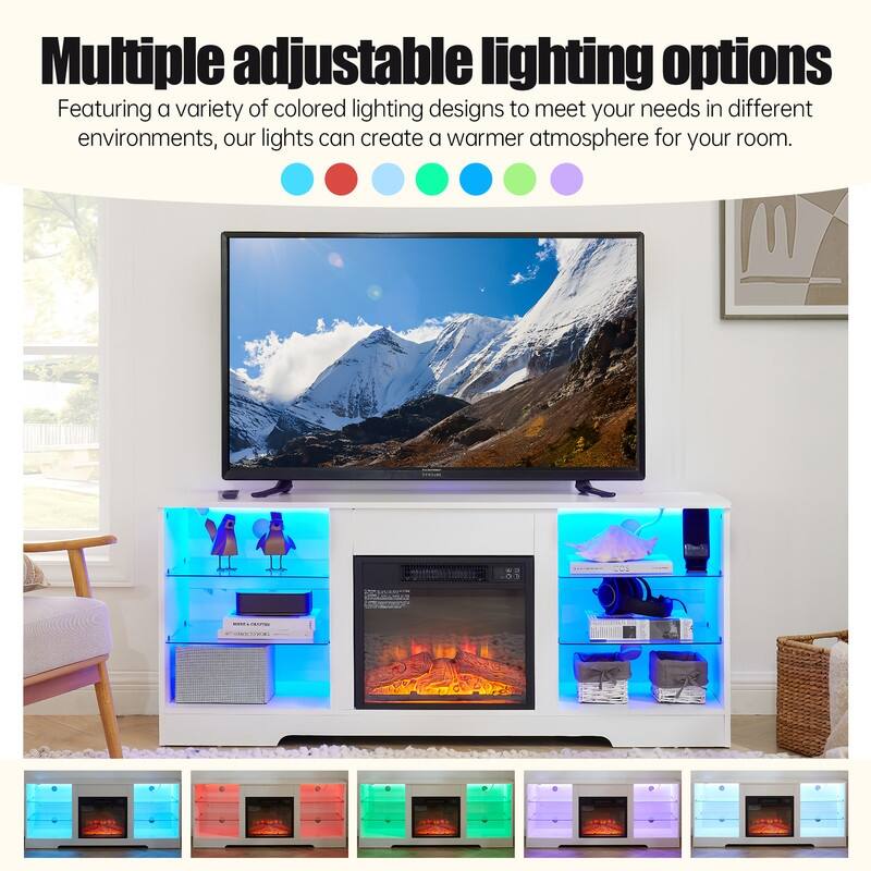 58" Modern TV Stand with Electric Fireplace, LED Lights, USB Charging & Glass Shelves for TVs up to 62"