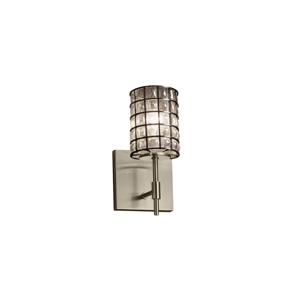 Wire Glass Union 1-light Brushed Nickel Wall Sconce (Short), Grid with Clear Bubbles Cylinder w/ Flat Rim Shade